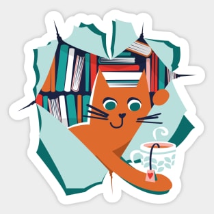 Bookish cat // orange tabby cat with tea mug teal neon red white and flesh coral books Sticker